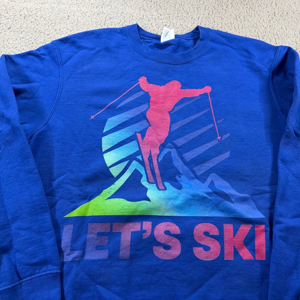Port & Company Mens Lets Ski Graphic Sweatshirt Blue Crewneck Large PC548
